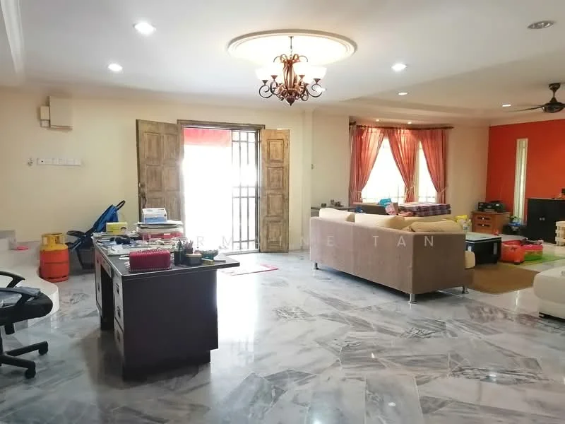 Living features: marble flooring, cream painted walls, chandelier, 5-blade ceiling fan, large windows with sheer curtains, sofa in beige, coffee table, TV console, decorative wall with orange accent, wooden door, open layout, area rug; style: contemporary. Room features: office desk, office chair, storage boxes, cleaning equipment.