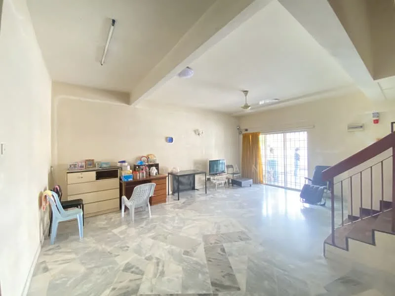 Living features: marble flooring, white painted walls, ceiling fan, wall-mounted TV, glass sliding door, curtains, sofa, coffee table, sideboard, air conditioning unit.