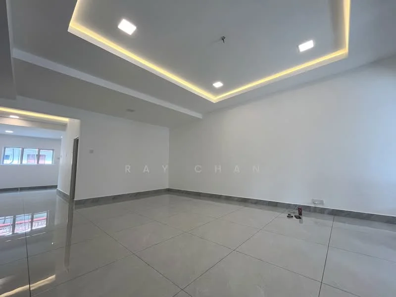 Room features: white painted walls, polished ceramic tile flooring, recessed downlights, tray ceiling with LED strip lighting, large windows, open layout; style: modern.