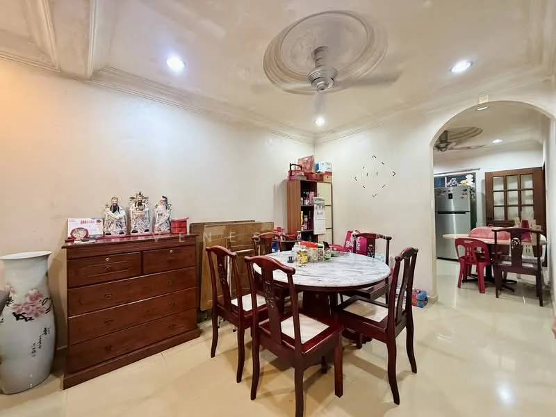 Dining features: round dining table with marble top, 4 wooden dining chairs, wooden sideboard, decorative vase, wall-mounted ceiling fan, recessed downlights, cream painted walls, glossy tile flooring, open layout to kitchen, kitchen appliances visible in background; style: traditional.