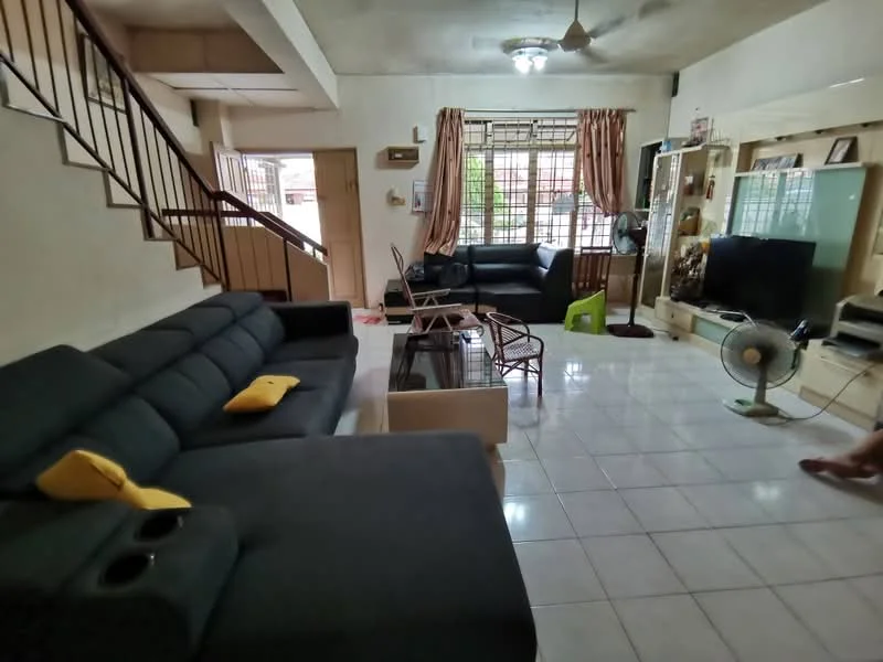 Living features: black fabric sectional sofa, 2-seater leather sofa, glass coffee table, TV console, wall-mounted TV, ceiling fan, white tiled flooring, large windows with sheer curtains, decorative wall unit, area rug, yellow decorative cushions; style: contemporary.