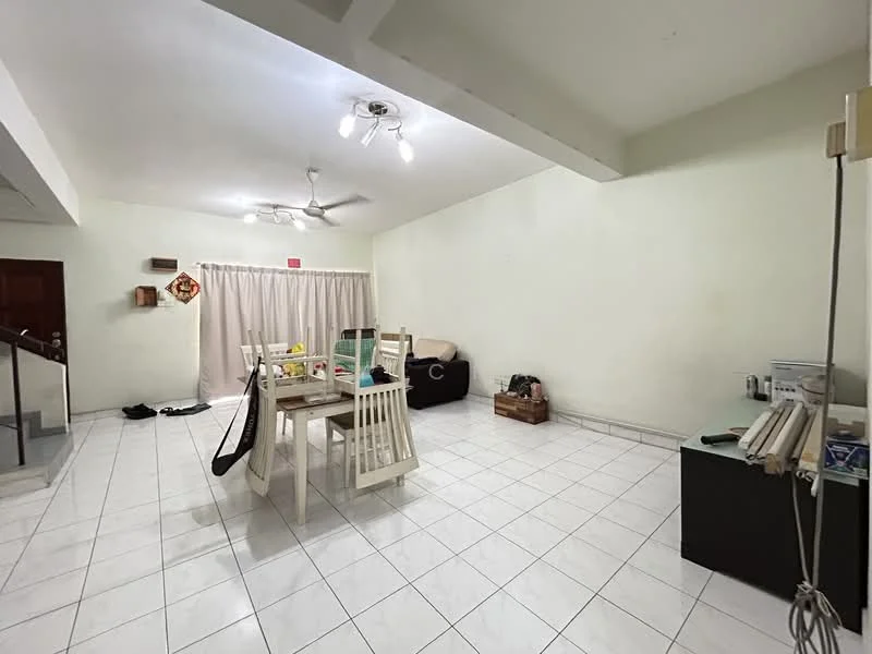 Living features: white painted walls, tile flooring, exposed beams on ceiling, 5-blade ceiling fan with light, dining table with white chairs, sofa in dark color, curtains, decorative wall hanging, open space layout, side table, storage cabinet; style: modern.