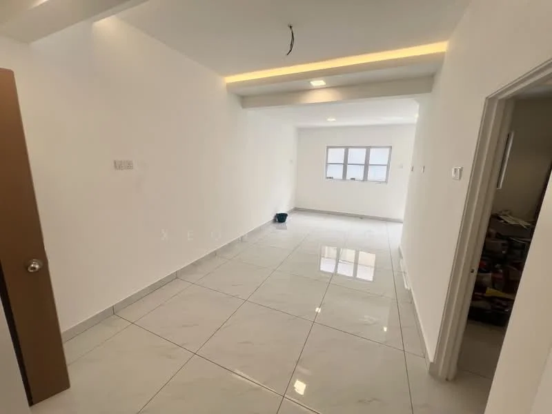 Room features: white painted walls, glossy ceramic tile flooring, recessed downlights, tray ceiling, floor-to-ceiling windows, neutral color scheme, open layout, no visible furniture; style: modern.