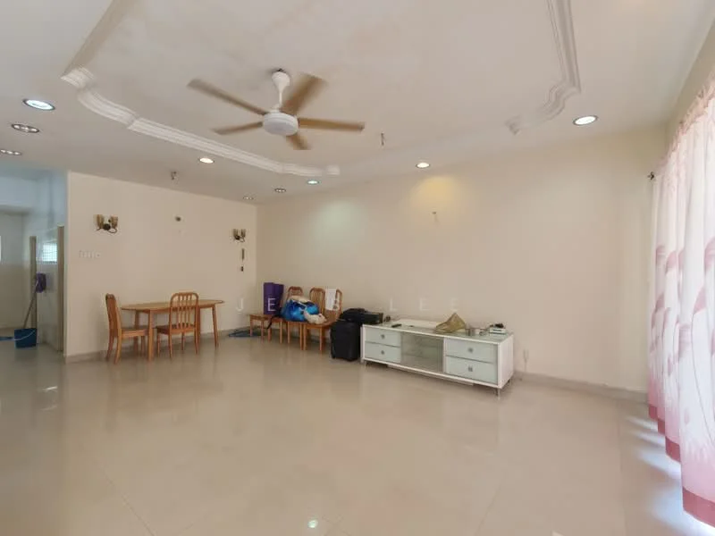Living features: white painted walls, polished tile flooring, tray ceiling with recessed lighting, 5-blade ceiling fan, large windows with sheer curtains, dining table with four chairs, TV console, decorative wall sconces, area rug, storage boxes, luggage, cleaning supplies; style: modern.