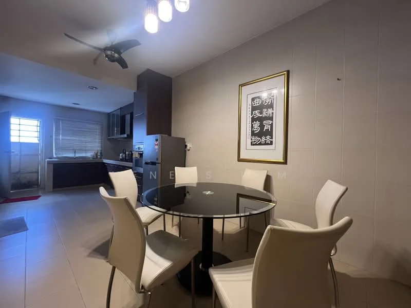 Dining features: round glass dining table, 6 upholstered dining chairs in white, ceiling fan, wall-mounted artwork with Chinese characters, cream tiled flooring, grey painted walls, kitchen area visible in background, window with blinds; style: modern. Kitchen features: dark wood cabinetry, stainless-steel fridge, built-in oven, ceramic cooktop, kitchen countertop, window above sink; style: modern.