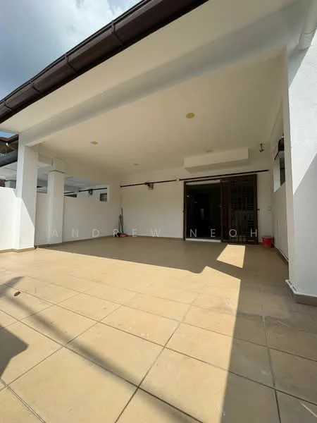Exterior features: flat roof, white painted walls, tiled flooring, open space, no visible landscaping, partially covered area; style: modern.