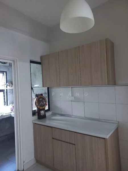 Kitchen features: light wood cabinetry, white countertop, white tiled backsplash, single-bowl stainless-steel sink, chrome faucet, pendant light fixture, grey tiled flooring, window with black frame; style: modern.