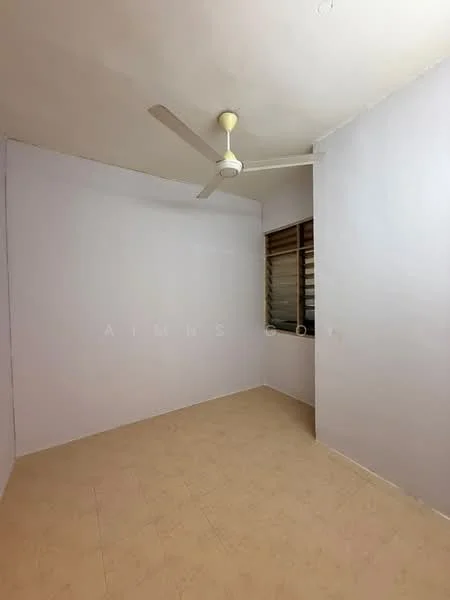 Room features: plain white walls, light-colored tiled flooring, ceiling fan, window with horizontal slats, no visible furniture or decor; style: minimalist.