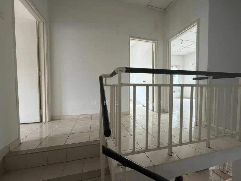 Room features: white painted walls, tile flooring, staircase with railing, doorway leading to another room, doorway leading to hallway, natural light from windows, neutral color scheme; style: modern.