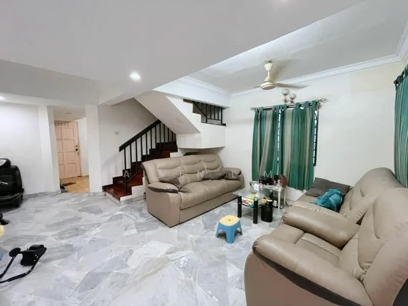 Living features: marble tile flooring, white painted walls, tray ceiling, 5-blade ceiling fan with light, floor-to-ceiling windows with green curtains, 2-seater leather sofa in beige, 3-seater fabric sofa in beige, coffee table, decorative items on table, staircase with wooden railing, blue plastic stool; style: modern.