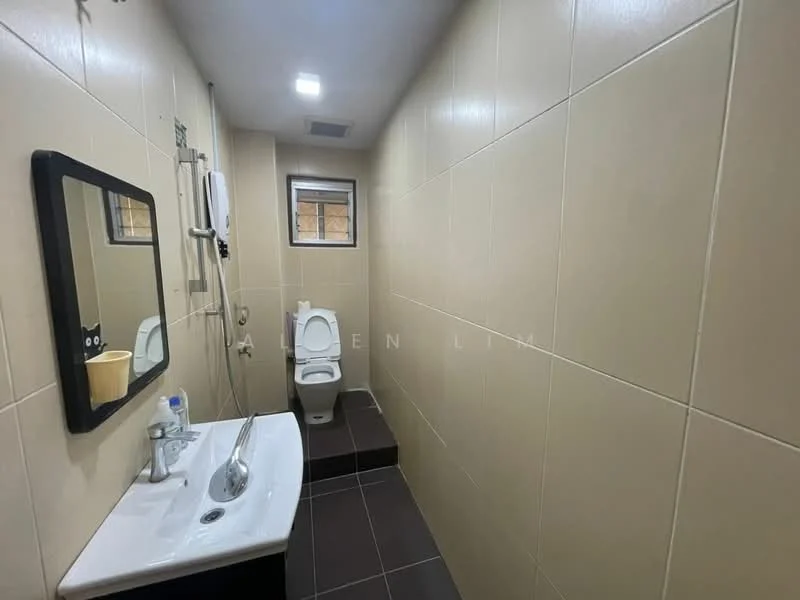 Bathroom features: white tiled walls, dark grey tile flooring, single-sink vanity with chrome faucet, framed mirror, one-piece toilet, shower with handheld showerhead, window for natural light, wall-mounted water heater; style: modern.
