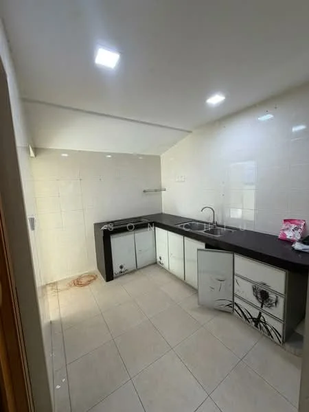 Kitchen features: black countertop, white cabinetry with floral design, single-bowl stainless-steel sink, chrome faucet, white tiled walls, ceramic tile flooring, recessed LED downlights, wall-mounted shelf; style: modern.