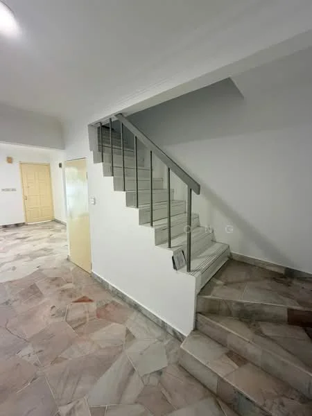 Room features: stainless steel staircase, white painted walls, marble flooring with mixed colors, door leading to another room, light fixture on ceiling; style: modern.