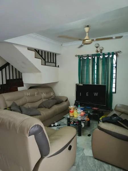 Living features: 3-seater leather sofa in beige, 2-seater leather sofa in beige, coffee table, wall-mounted TV, ceiling fan with light, green curtains, marble flooring, staircase in background, decorative cushions, various items on coffee table; style: modern.
