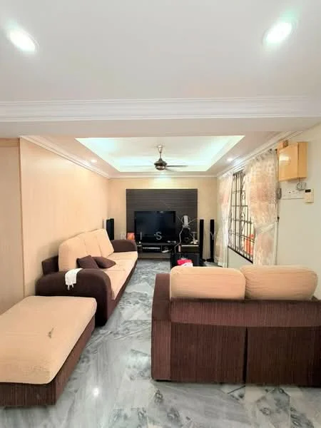 Living features: 3-seater fabric sofa in beige, 2-seater fabric sofa in brown, coffee table, wall-mounted TV, TV console, marble flooring, ceiling fan with light, recessed lighting, wood paneling on walls, large windows with sheer curtains; style: modern.