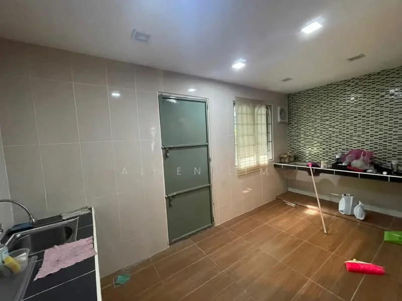 Kitchen features: single-bowl stainless-steel sink, chrome pull-down faucet, grey tiled walls, brown ceramic tile flooring, window with metal grille, countertop with backsplash, kitchen cabinetry, exposed wall shelving, recessed ceiling lights; style: modern.