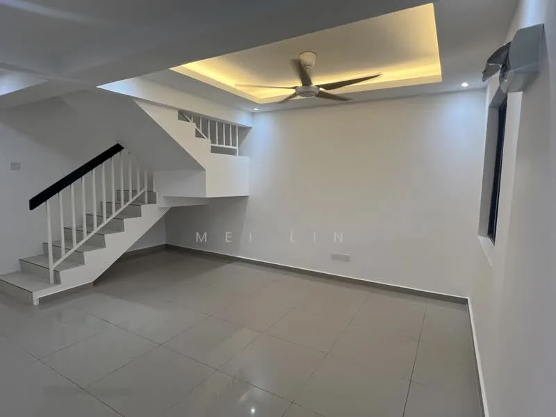 Living features: white painted walls, polished ceramic tile flooring, tray ceiling with recessed lighting, 5-blade ceiling fan with light, large window, staircase with white railing, LED strip lighting, neutral color palette; style: modern.