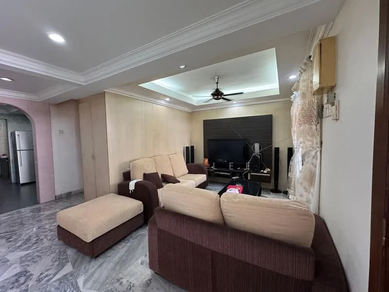 Living features: sofa in beige fabric, L-shape sectional sofa in brown, coffee table, wall-mounted TV, TV console, marble flooring, recessed downlights, ceiling fan with light, crown moulding, decorative wall paneling, floor-to-ceiling windows with sheer curtains; style: modern.