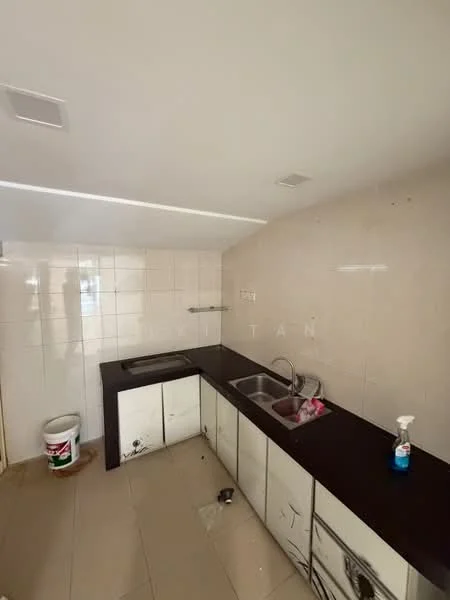 Kitchen features: single-bowl stainless-steel sink, chrome pull-down faucet, black granite countertop, white tiled backsplash, white lower cabinets, grey upper cabinets, tile flooring, recessed ceiling lights; style: modern.
