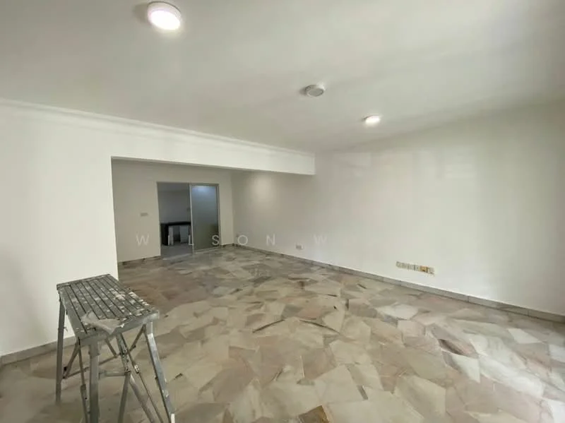 Room features: white painted walls, marble tile flooring, recessed downlights, open layout, unfinished space, no visible furniture, neutral color scheme, ceiling with crown moulding; style: modern.