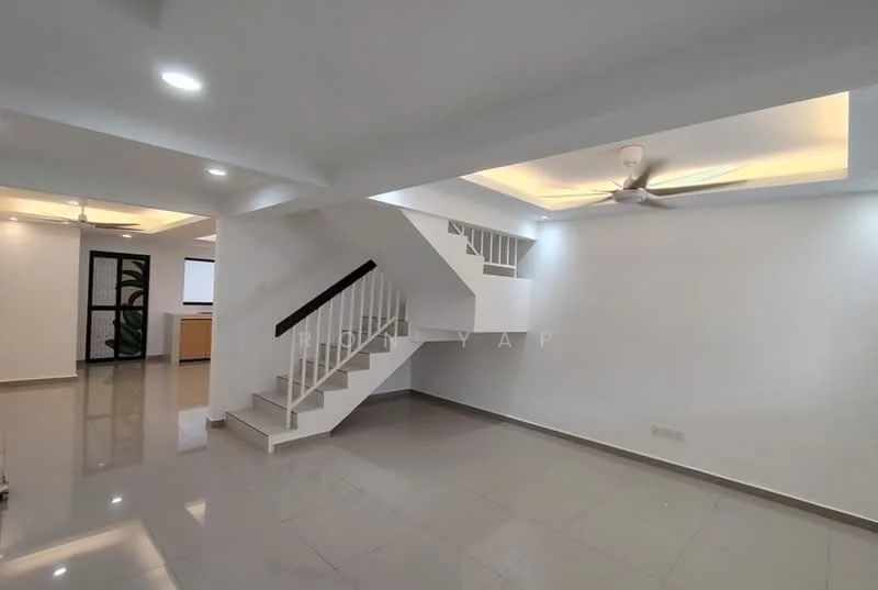 Living features: white painted walls, polished ceramic tile flooring, 5-blade ceiling fan with light, recessed downlights, staircase with white railing, open layout, natural light from windows, neutral color palette; style: modern.