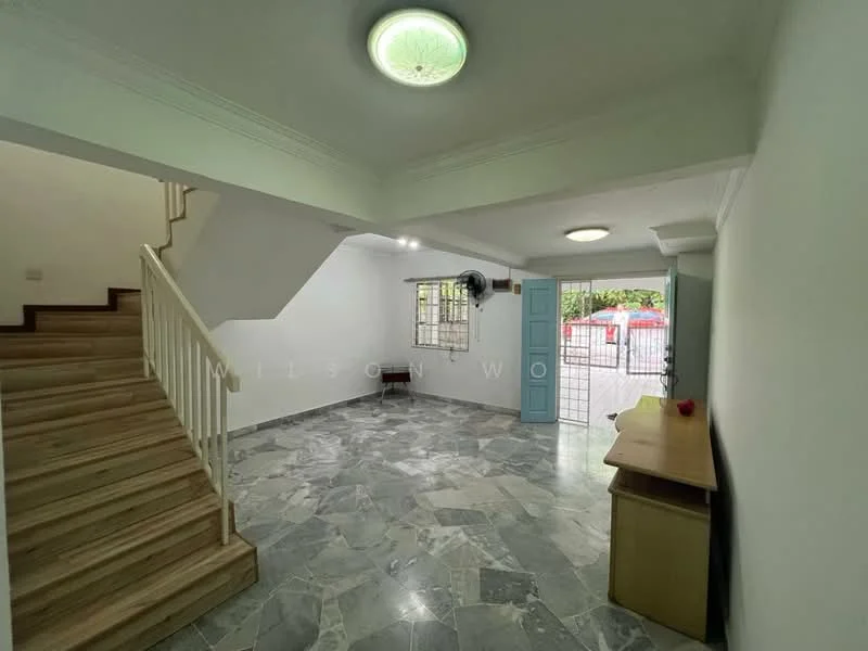 Living features: marble flooring, white painted walls, ceiling rose, recessed downlights, wall-mounted split AC, large window with security bars, wooden console table, staircase with wooden steps, door leading outside; style: modern; view: garden.