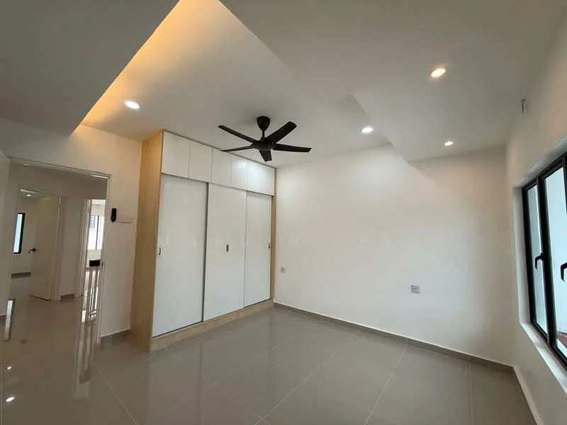 Room features: white painted walls, grey tiled flooring, 5-blade ceiling fan with light, recessed LED downlights, built-in wardrobe with sliding doors, floor-to-ceiling windows, natural light from windows; style: modern.