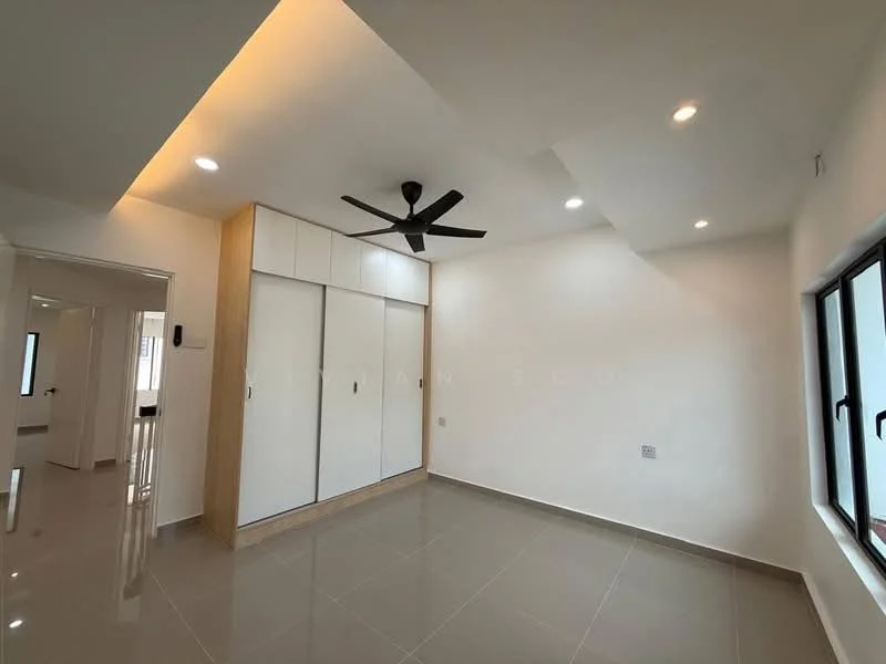 Room features: white painted walls, grey tiled flooring, 5-blade ceiling fan with light, built-in wardrobe with sliding doors, recessed downlights, large window, corner wall with sloped ceiling; style: modern.