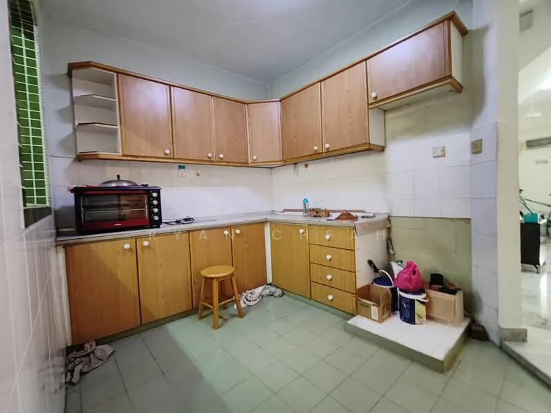 Kitchen features: wood cabinetry with brown finish, white countertop, built-in oven, stainless-steel sink, single-bowl sink, green tiled backsplash, light green floor tiles, stool, open shelving, wall-mounted cabinets, white tiled walls; style: traditional.