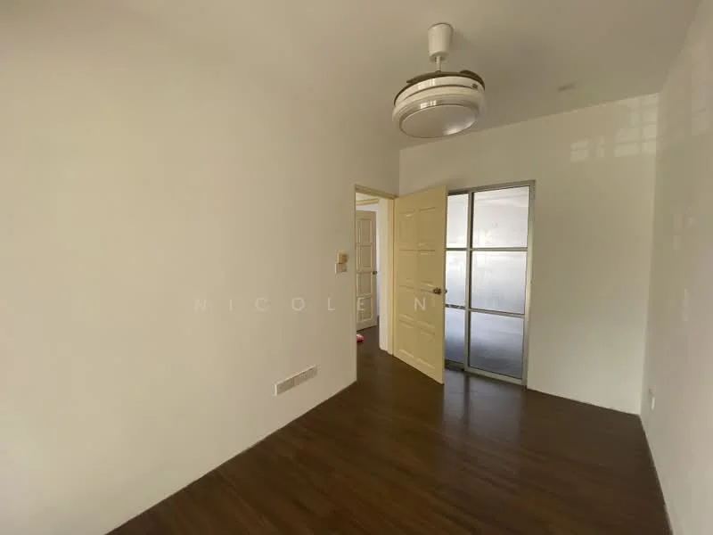 Room features: white painted walls, wooden flooring, 5-blade ceiling fan with light, glass sliding door, door with panel design, natural light from window.