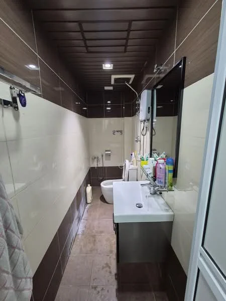 Bathroom features: single-sink vanity with stainless-steel cabinet, chrome basin mixer faucet, framed mirror, toilet, shower with handheld shower head, tile cladding on walls, dark wood ceiling, ceramic tile flooring, wall-mounted storage for toiletries, light fixtures in ceiling; style: modern.