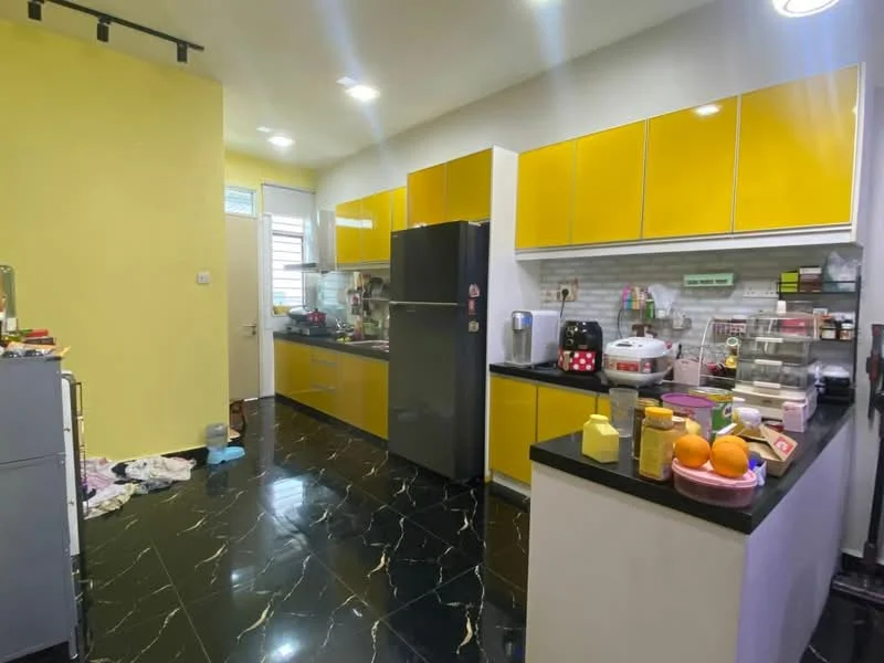 Kitchen features: yellow high-gloss cabinetry, black countertop, stainless-steel fridge, built-in oven, microwave, rice cooker, toaster, kettle, black marble tile flooring, wall-mounted shelves, sink, window above sink, decorative fruit bowl with oranges, multiple kitchen appliances, open layout; style: modern.