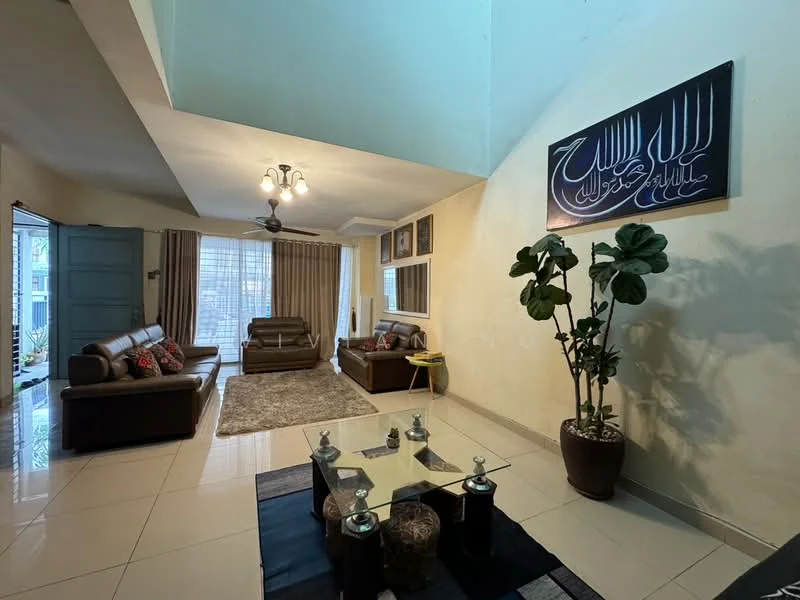 Living features: cream painted walls, white ceiling, recessed downlights, 5-blade ceiling fan with light, large windows with sheer curtains, brown leather sofa, 2-seater fabric sofa in beige, coffee table with decorative items, area rug with geometric pattern, decorative wall art, indoor plant in ceramic pot; style: contemporary; view: garden.