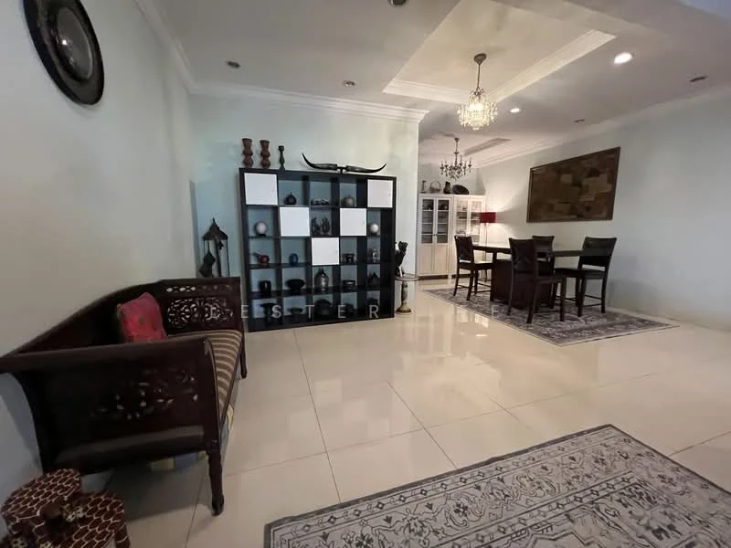 Living features: white painted walls, glossy tile flooring, tray ceiling with recessed lighting, chandelier, wooden coffee table, upholstered 2-seater sofa, decorative wall art, black and white shelving unit with decorative items, dining table with four chairs, area rug with geometric pattern, wall-mounted decor, floor-to-ceiling windows, curtains, decorative plants; style: contemporary.