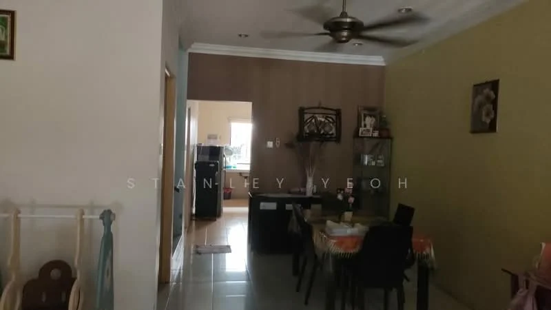 Living features: ceiling fan, dining table with chairs, wall-mounted artwork, cream painted walls, grey accent wall, tile flooring, open layout, refrigerator visible in background, glass display cabinet, decorative plants, table with decorative items; style: modern.