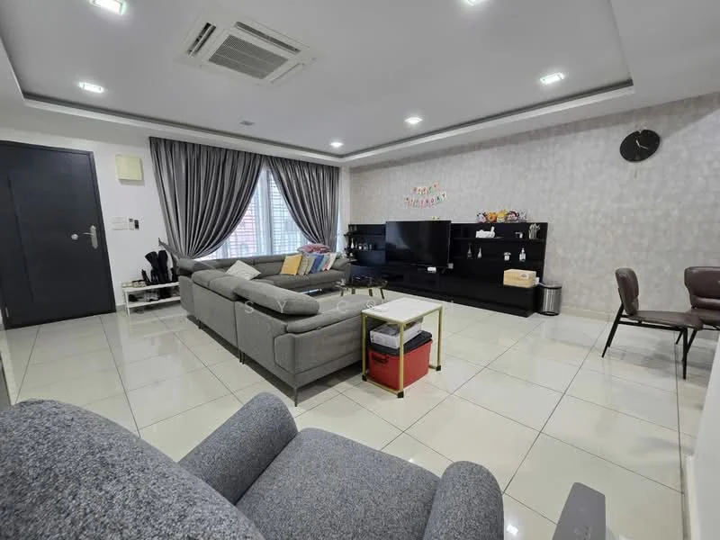 Living features: grey fabric sectional sofa, coffee table, wall-mounted TV, black TV console, decorative wall with light grey wallpaper, floor-to-ceiling windows with sheer curtains, recessed downlights, air conditioning unit, tile flooring, decorative wall clock, side chair, decorative items on console; style: modern; view: city.