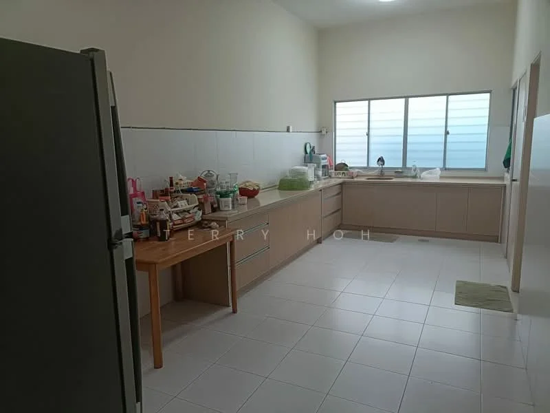 Kitchen features: white tiled flooring, white painted walls, single-bowl stainless-steel sink, chrome pull-down faucet, wooden countertop, built-in cabinetry with flat-panel doors, refrigerator, window with horizontal slats, kitchen island, various kitchen appliances and utensils on countertop; style: modern.