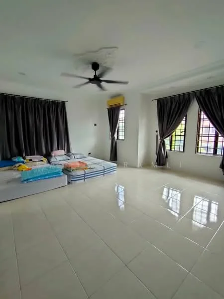 Bedroom features: white painted walls, glossy tile flooring, 5-blade ceiling fan, two large windows with black curtains, two beds with colorful bedding, natural light from windows, neutral color scheme, spacious layout; style: modern.