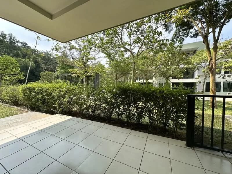 Room features: tiled flooring, covered patio area, greenery view, bushes, trees, landscaped garden, outdoor space, railings; style: modern; view: garden.