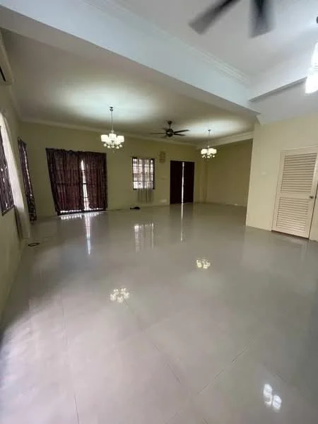 Living features: glossy tile flooring, cream painted walls, tray ceiling, 2 ceiling fans, 2 pendant lights, large windows with sheer curtains, double doors, wooden louvered door, neutral color scheme, open layout; style: modern.