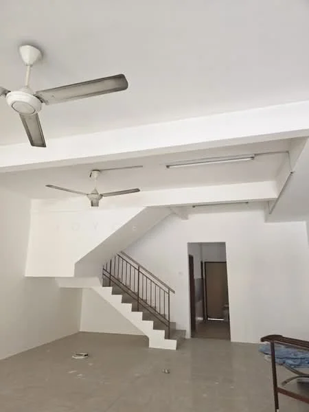 Room features: white painted walls, dropped ceiling, 2 ceiling fans, tile flooring, staircase with metal railing, light fixtures, open layout, doorway leading to another room; style: modern.