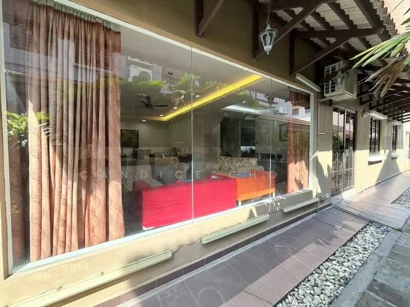 Living features: large glass windows, red sofa, ceiling fan, recessed lighting, curtains, decorative wall, air conditioning unit, stone-paved walkway; style: modern; view: garden.