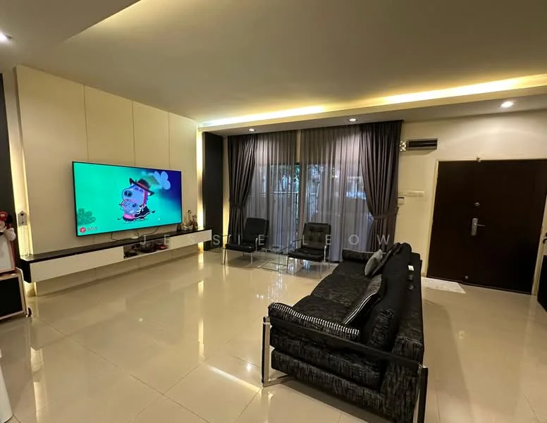 Living features: black fabric sofa, wall-mounted TV, white TV console, cream painted walls, recessed LED downlights, floor-to-ceiling windows, sheer curtains, glossy tile flooring, decorative wall paneling, air conditioning unit, entrance door; style: modern.