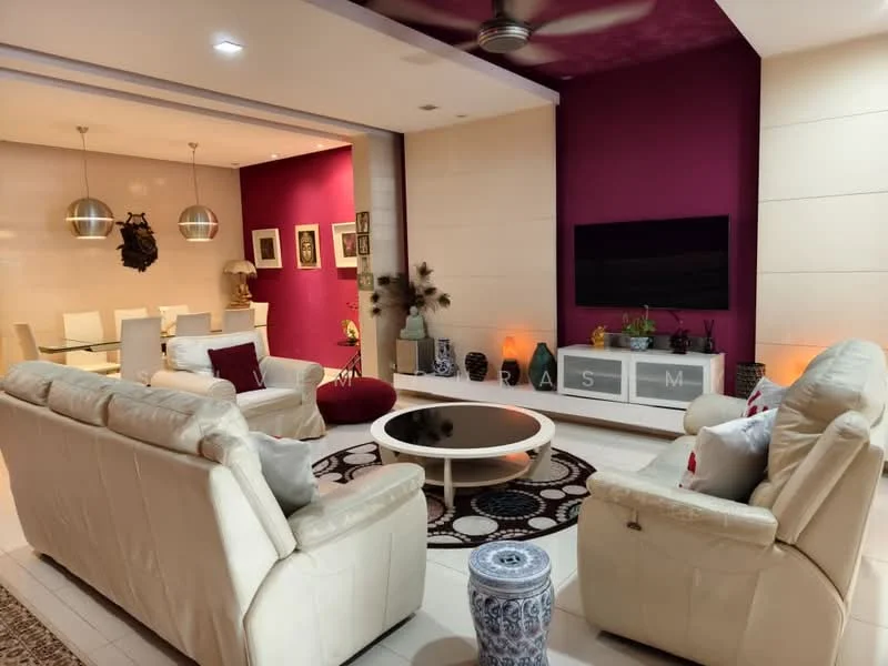 Living features: cream leather sofa, 3-seater sofa, 2-seater sofa, round coffee table, area rug with geometric pattern, wall-mounted TV, feature wall with maroon paint, recessed lighting, ceiling fan, decorative plants, framed artwork, decorative vases; style: modern; view: dining. Dining features: 6-seater dining table, white dining chairs, pendant lighting, decorative wall art; style: modern; view: living.