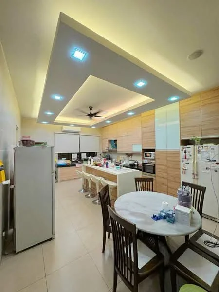 Kitchen features: white cabinetry with wood accents, island with seating for four, stainless-steel fridge, built-in oven, freestanding range oven, microwave, white countertop, recessed LED downlights, 5-blade ceiling fan, cream tiled flooring, dining table with four wooden chairs, open shelving, multiple kitchen appliances on countertops; style: modern.