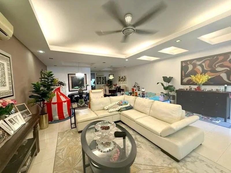 Living features: L-shape sectional sofa in cream, coffee table, area rug with geometric pattern, 5-blade ceiling fan with light, recessed downlights, wall-mounted artwork, decorative plants, feature wall with textured finish, white painted walls, tile flooring; style: modern. Dining features: dining table, upholstered dining chairs, decorative vase with flowers, wall-mounted cabinet, open shelving, white painted walls; style: modern.