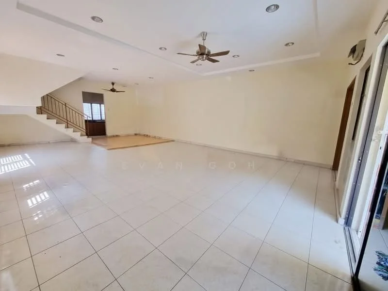 Living features: white painted walls, ceramic tile flooring, tray ceiling, 2 ceiling fans, large windows, sliding glass door, natural light, open layout, staircase visible, neutral color scheme; style: modern.