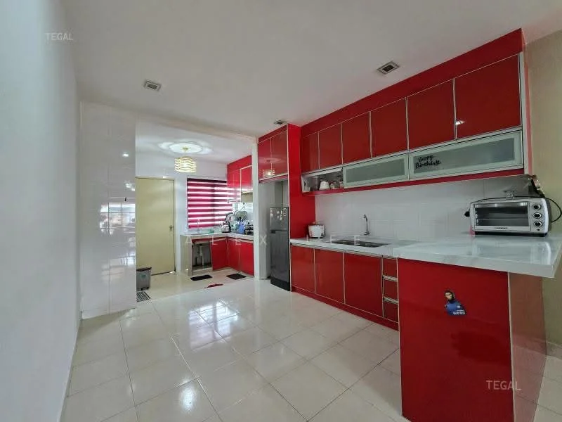 Kitchen features: red high-gloss cabinetry, white countertop, single-bowl stainless-steel sink, chrome pull-down faucet, built-in oven, microwave, toaster, stainless-steel range hood, ceramic tile flooring, recessed downlights, window with blinds, kitchen island with seating; style: modern.