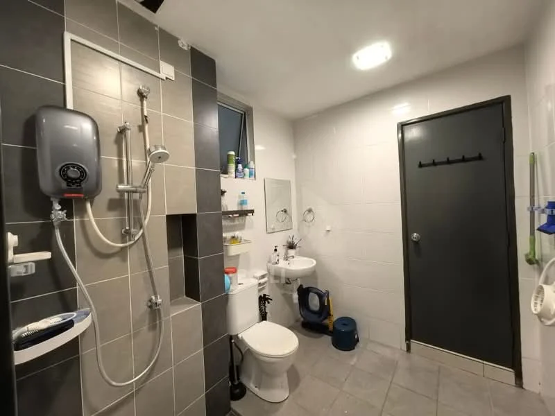 Bathroom features: grey tiled walls, white tiled walls, shower with wall-mounted faucet, handheld shower, toilet, single-sink vanity, mirror, shelf with toiletries, grey floor tiles, door with black handle, wall-mounted water heater; style: modern.