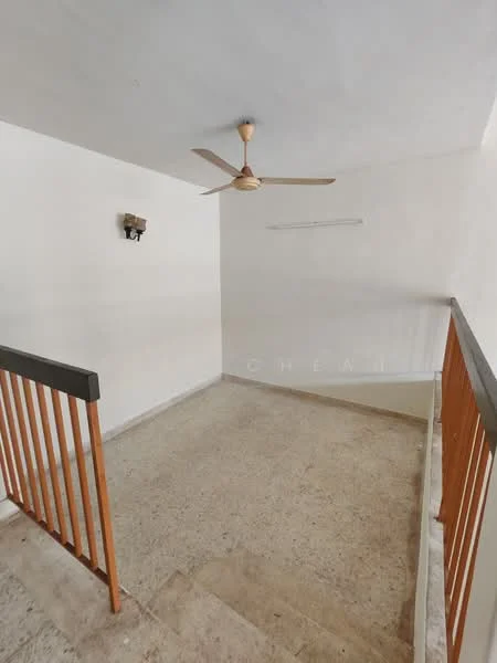 Room features: ceiling fan, wall-mounted light fixture, wooden railing, stone flooring, white painted walls; style: minimalist.